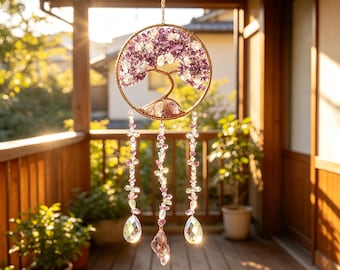 Atrapasueños Árbol de la Vida de Amatista, Campana de Cristal Envuelta en Alambre de Cobre, Decoración con Prisma Arcoíris
