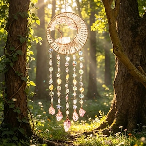 Op de afbeelding: Een decoratieve zonnevanger met een cirkelvormig frame en hangende kristallen strengen. Het frame heeft een boomontwerp en is versierd met kralen. Strengen van kleurrijke kristallen en edelstenen hangen eronder, waardoor een glinsterend effect ontstaat. De zonnevanger hangt in een bosrijke omgeving.