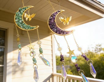 Crescent Moon Chakra Suncatcher | Boho Crystal Rainbow Maker, Amethyst, Green Aventurine Home Decor