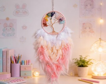 Atrapasueños de cristal Árbol de la Vida hecho a mano, estilo bohemio, decoración de pared, adorno colgante de plumas naturales, regalo de inauguración de casa o cumpleaños para ella.