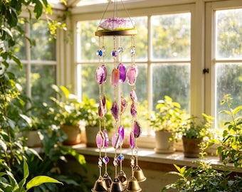 Handmade Amethyst Agate Wind Chime, Natural Crystal Suncatcher, Boho Witchy Decor