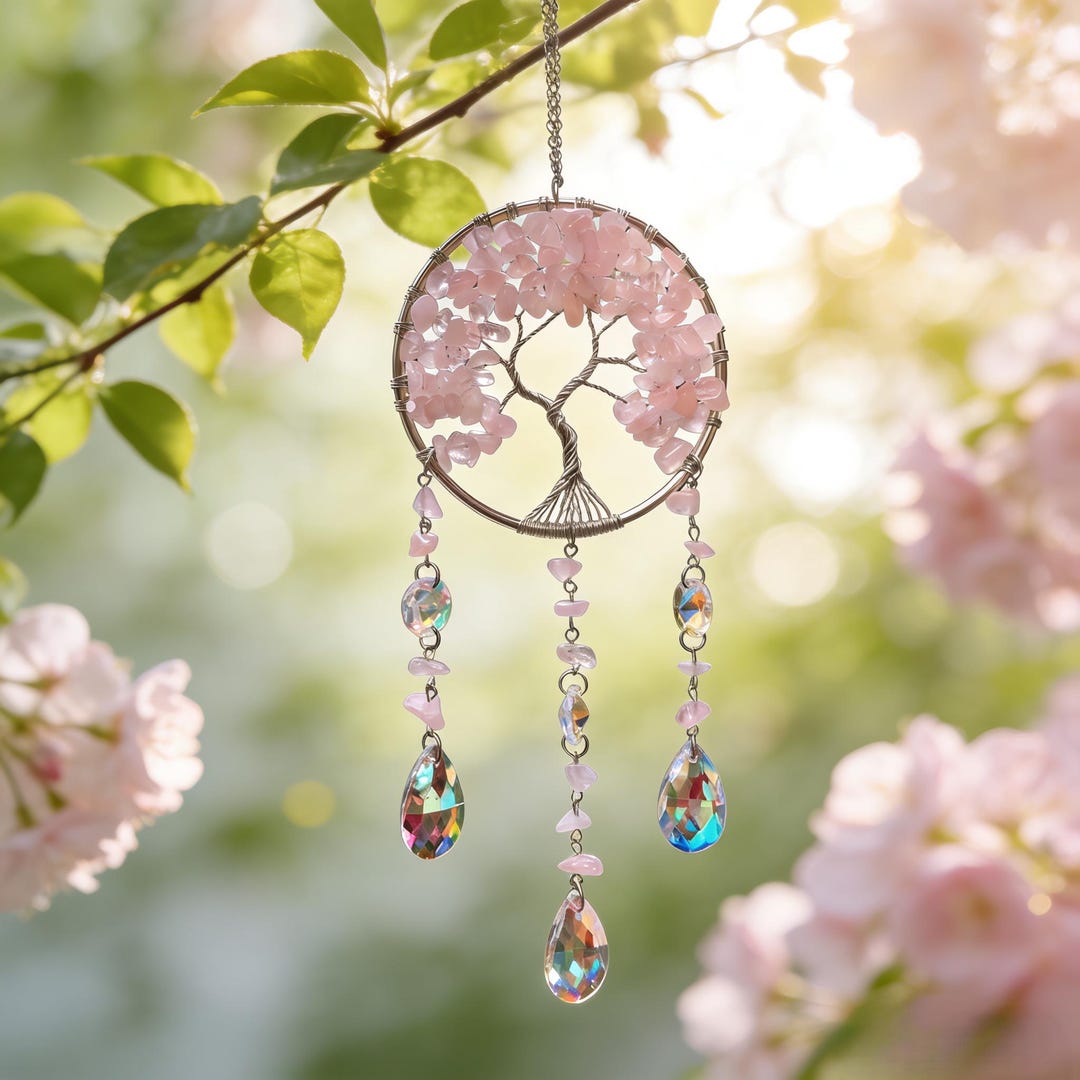 Handmade Rose Quartz Tree of Life Suncatcher | Boho Rainbow Maker ...