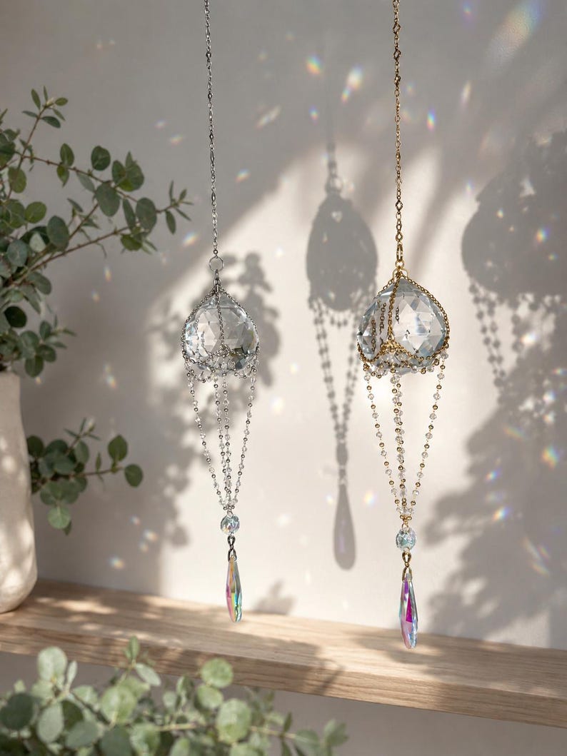 Puede incluir: Dos atrapasoles de cristal colgantes. Uno tiene una cadena plateada y el otro una cadena dorada. Cada atrapasol tiene un orbe de cristal facetado y un prisma en forma de l&aacute;grima. Los prismas reflejan la luz, creando arco&iacute;ris.