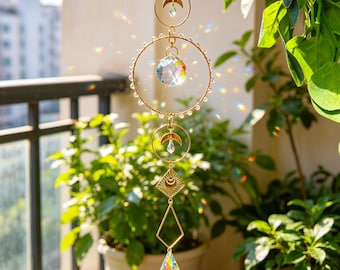 Atrapasueños Luna Celestial Dorada, Prisma con Cuentas de Perlas, Adorno de Ventana Estilo Bohemio y Mágico