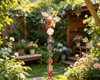 Atrapasueños de flores de 7 chakras, colgante de ventana con piedras preciosas envueltas en alambre, decoración de pared estilo boho para sala de meditación