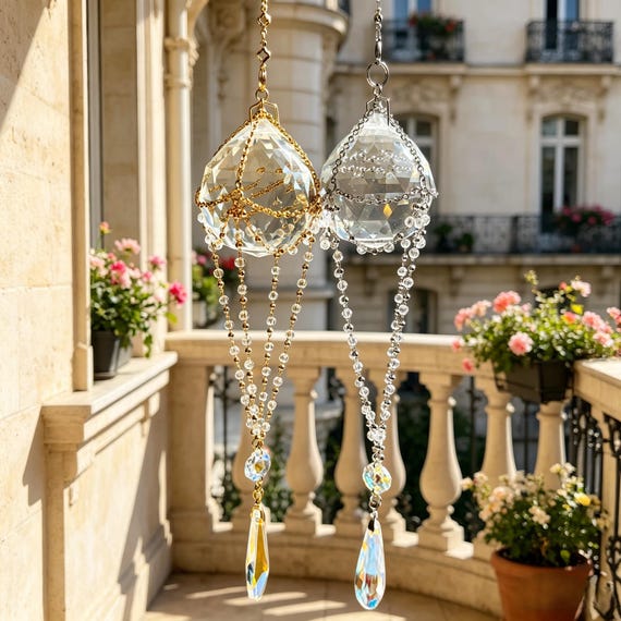 Large Water Drop Crystal Suncatcher | Gold Silver Chain Wrapped Prism, French Luxury Window Hanging