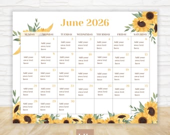 June 2026 Calendar | Editable Canva Template  | A4, US Letter