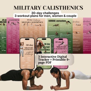 Peut inclure: Un ensemble de défis de calisthénie militaire de 30 jours comprenant trois trackers numériques interactifs et un PDF imprimable de 9 pages. L'affichage présente des instructions d'exercice, des plannings et des personnes faisant des pompes.