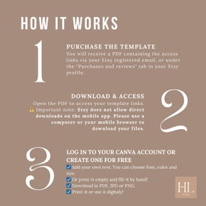 May include: A beige graphic with the text "HOW IT WORKS" at the top. The graphic details the steps to purchase, download, and use a template. The steps are numbered 1, 2, and 3, with accompanying text. The graphic includes the HL Designs logo.