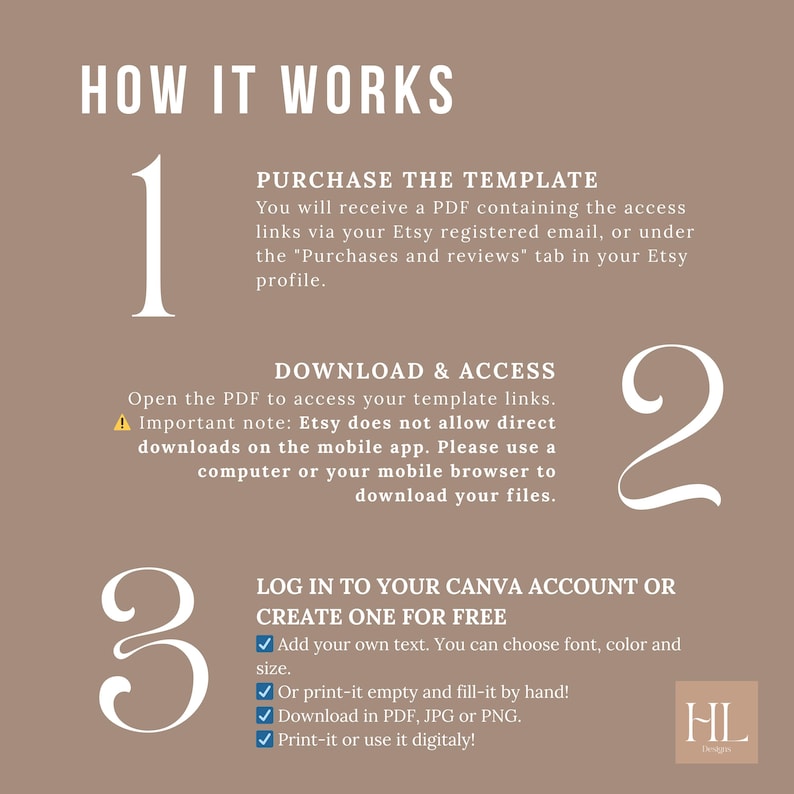 May include: A beige graphic with the text "HOW IT WORKS" at the top. The graphic details the steps to purchase, download, and use a template. The steps are numbered 1, 2, and 3, with accompanying text. The graphic includes the HL Designs logo.