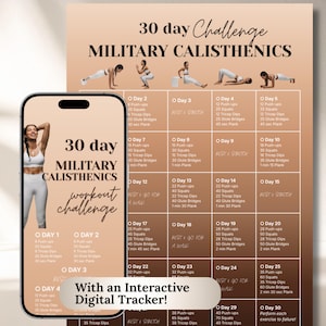 Op de afbeelding: Een fitnessplan grafiek voor een 30-daagse militaire calisthenics challenge. Het ontwerp bevat een smartphone met het trainingsschema, met oefeningen zoals push-ups, squats en planken. De tekst "With an Interactive Digital Tracker!" is ook zichtbaar.