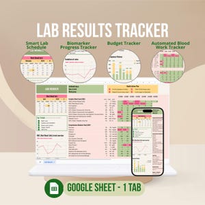 May include: A digital lab results tracker template displayed on a laptop screen and a smartphone. The interface includes a smart lab schedule, biomarker progress tracker, budget tracker, and automated blood work tracker with data tables and charts.