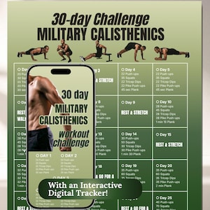 Puede incluir: Infografía de desafío de calistenia militar de 30 días. El póster presenta rutinas de ejercicios, demostraciones de ejercicios y el texto "With an Interactive Digital Tracker!"