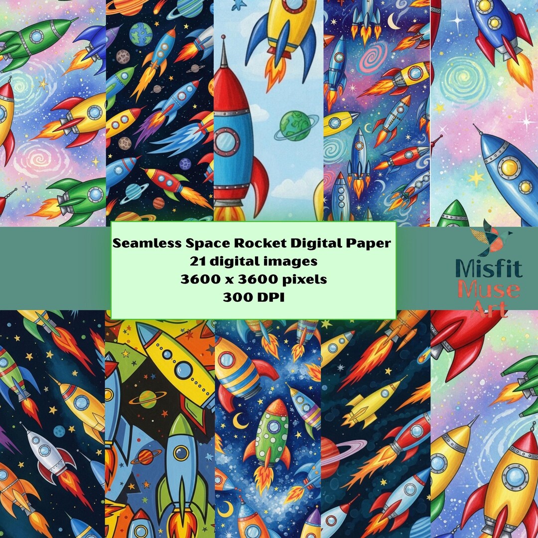 Seamless Space Rocket Digital Paper Pack, Cute and Retro Rocket ...