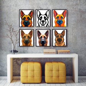 May include: Six framed art prints featuring stylized German Shepherd dog portraits. The portraits showcase various color schemes, including black and white, orange, and brown. The artwork is displayed above a white console table with two yellow cube ottomans.