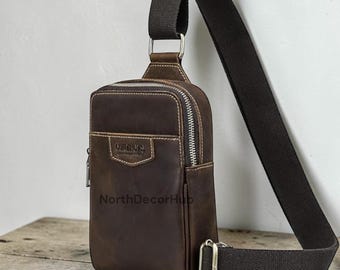 Leather Sling Bag for Men, Full Grain Crossbody Chest Bag | Small Casual Shoulder Daypack Travel Phone Purse Side Bag
