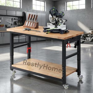 May include: A mobile workbench with a light wood top and a black metal frame on casters. A miter saw, a wooden block holding four chisels, and a digital caliper sit on the surface. The text RestlyHome is visible on the lower shelf.