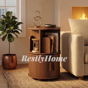 May include: A round wooden side table with a tambour door cabinet base and an open upper shelf. The unit features a gold-toned abstract sculpture, an hourglass, and books. The text RestlyHome is printed across the front of the cabinet.