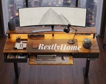 Electric Standing Desk with Drawers Keyboard Tray Monitor Stand | Wood Standing Desk Adjustable | Motorized Standing Desk for Home Office