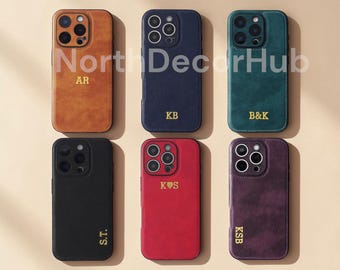 Personalized Leather iPhone Case, custom embossed name initials cover, luxury PU engraved phone case gift for him or her