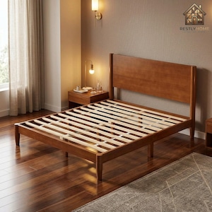 May include: A wooden bed frame with a tall, solid headboard and a slatted base. The frame features a warm brown finish and four sturdy legs. The logo for Restly Home is visible in the top right corner, featuring a house icon and text.
