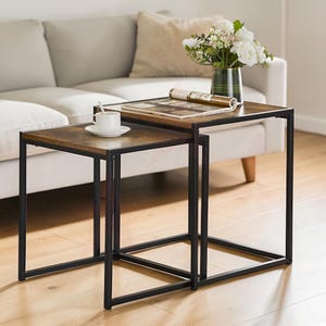 Industrial Nesting Coffee Tables, Dark Wood Metal Frame Set, Living Room Furniture
