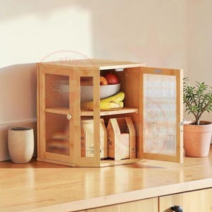 2-Tier Bamboo Bread Bin with Acrylic Door, Kitchen Countertop Storage Box