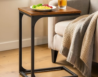 C Shaped Side Table, Rustic Brown Industrial End Table, Sofa Laptop Bedside Compact Stand