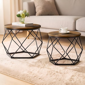 May include: Two round side tables. Each has a geometric black metal base and a brown wood-effect top. One table has a book and flowers, the other a cup and saucer. The tables are on a beige rug.