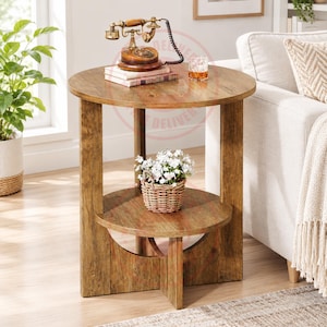 May include: A round wooden side table with a light brown finish, featuring a circular top and a lower shelf supported by three vertical legs. A vintage-style rotary telephone, two books, and a glass of amber liquid sit on the top surface.