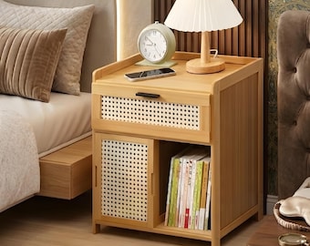 Bamboo Bedside Table, Nightstand, 1 Rattan Drawer Wooden Storage Cabinet, Space Saving Bedroom Furniture