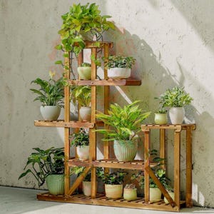 6 Tier Plant Stand, Wooden Flower Pot Rack, Indoor Outdoor Garden Display