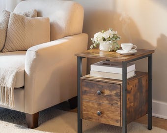 Industrial Bedside Table, Rustic Brown Nightstand, 2 Drawer Metal Frame Vintage End Table