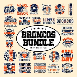 Puede incluir: Una colección digital de gráficos de fútbol americano de los Denver Broncos que incluye varios logotipos, cascos, balones y diseños de texto como "Broncos Bundle", "Let's Go Broncos", "Champions" y "Game Day" en naranja, azul marino y blanco.