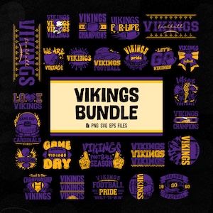 Pode incluir: Um pacote de design digital com vários gráficos temáticos de futebol americano Vikings em roxo e amarelo. A coleção inclui logotipos baseados em texto, ilustrações de bolas, capacetes e slogans como Vikings For Life, Game Day e Vikings Bundle.