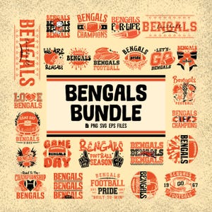 Può includere: Un pacchetto di design digitali contenente numerosi grafici a tema football americano Cincinnati Bengals in arancione e nero, inclusi testo, caschi, palloni e loghi, con il testo centrale BENGALS BUNDLE PNG SVG EPS FILES.