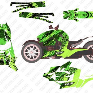 May include: A Can-Am Ryker vehicle with a custom green and black graphic wrap. The wrap features a splatter design and the word "RYKER" in a bold font. Additional graphic elements are included.