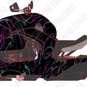 May include: A three-wheeled vehicle with a black body and a vibrant, abstract design in purple, teal, and pink. The vehicle has a sleek, modern design with visible mechanical details and a single seat. The wheels are gray with red accents.