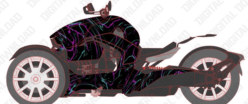 May include: A three-wheeled vehicle with a black body and a vibrant, abstract design in purple, teal, and pink. The vehicle has a sleek, modern design with visible mechanical details and a single seat. The wheels are gray with red accents.