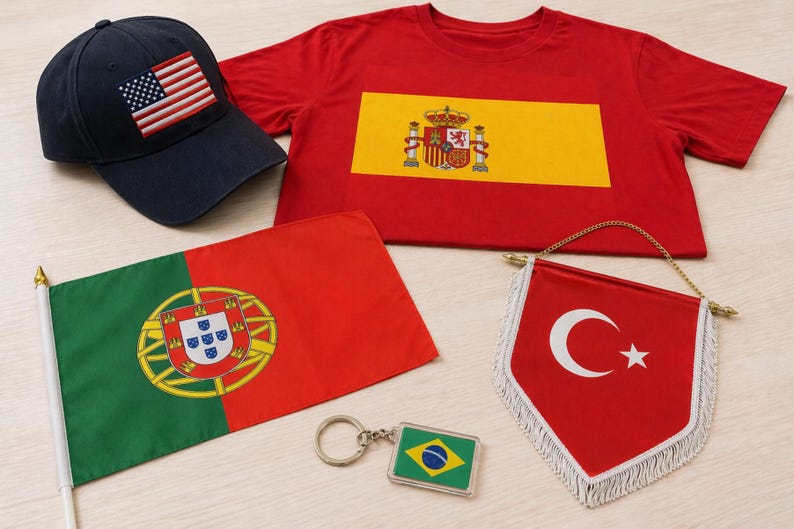 May include: A collection of patriotic items, including a navy blue baseball cap with an American flag patch, a red t-shirt with a Spanish flag design, and a small Brazilian flag keychain.