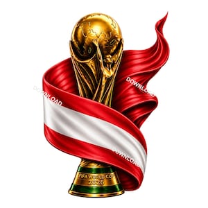 Könnte beinhalten: Ein goldener FIFA World Cup 2026 Pokal mit einer Weltkugel, die von zwei menschlichen Figuren getragen wird, umwickelt von einem fließenden rot-weißen Stoffbanner. Der Sockel ist grün und gold mit dem Text FIFA WORLD CUP 2026.