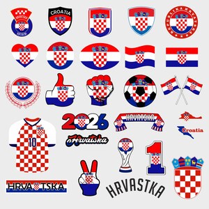 May include: A collection of Croatian-themed graphics, including flags, crests, a soccer ball, a jersey, and text elements. The designs feature the red and white checkered pattern and the colors red, white, and blue. The text includes "Croatia" and "Hrvatska".