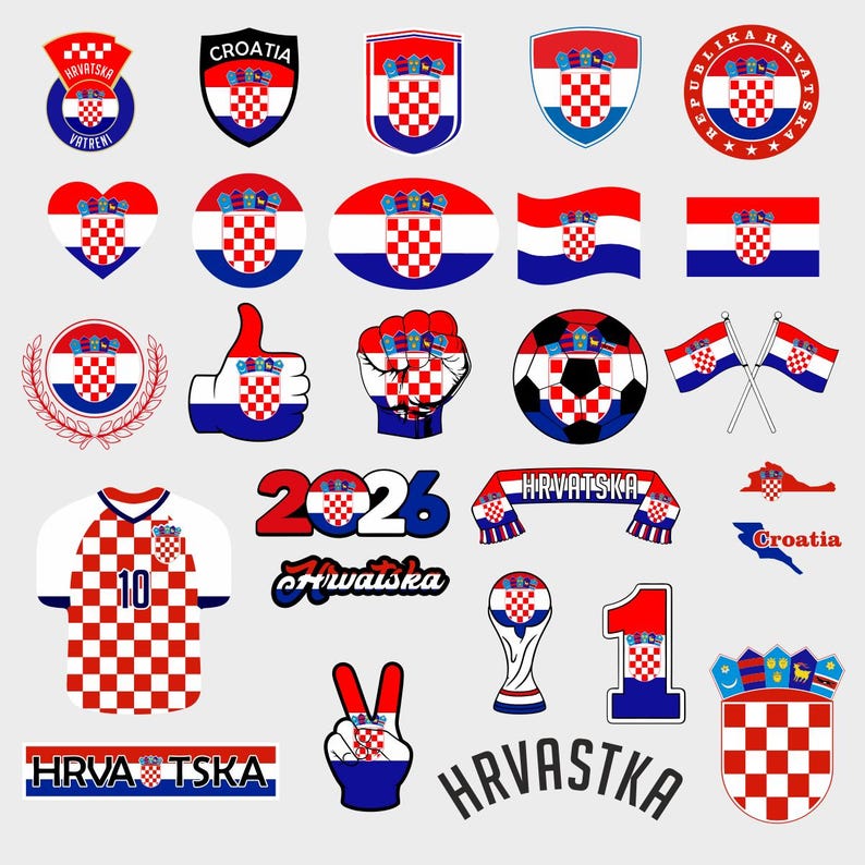 May include: A collection of Croatian-themed graphics, including flags, crests, a soccer ball, a jersey, and text elements. The designs feature the red and white checkered pattern and the colors red, white, and blue. The text includes "Croatia" and "Hrvatska".