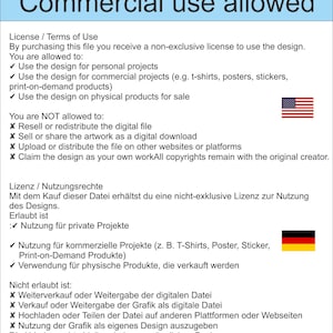 May include: A digital graphic with the text "Commercial use allowed." The image details the terms of use for a design, including allowed and prohibited uses. Includes the American flag.
