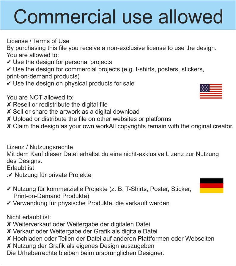 May include: A digital graphic with the text "Commercial use allowed." The image details the terms of use for a design, including allowed and prohibited uses. Includes the American flag.