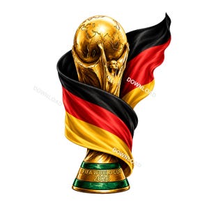 Könnte beinhalten: Eine goldene Trophäe mit einem Globus, der von zwei Figuren getragen wird, umhüllt von einer wehenden Flagge mit schwarzen, roten und gelben horizontalen Streifen. Der Sockel ist grün mit dem Text FIFA WORLD CUP 2026. Das Wort DOWNLOAD ist zu sehen.
