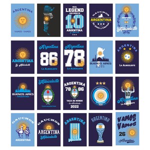 May include: A collection of rectangular designs featuring Argentina-themed graphics. Designs include the Argentine flag, sun, map, and text such as "Argentina," "Vamos Vamos," and jersey numbers. Colors are blue, white, and yellow.