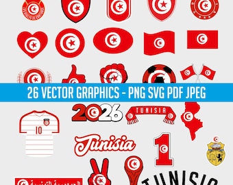 May include: A set of 26 vector graphics showcasing Tunisian designs. The images include flags, crests, a football shirt, and the word "Tunisia" in different fonts. The colour scheme is predominantly red and white.