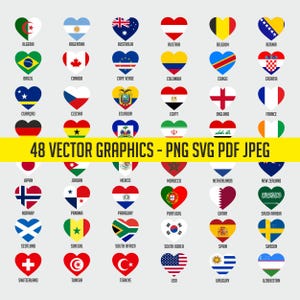 May include: A collection of 48 heart-shaped vector graphics, each representing a different country's flag. The flags are displayed in a colorful and organized grid, with the country names below each heart. The image includes the text "48 VECTOR GRAPHICS - PNG SVG PDF JPEG".