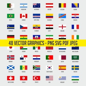 Könnte beinhalten: Eine Sammlung von 48 Vektorgrafiken von Länderflaggen, darunter Deutschland, Österreich und die Schweiz. Die Flaggen werden auf hellgrauem Hintergrund dargestellt. Ein gelbes Banner zeigt den Text "48 VECTOR GRAPHICS - PNG SVG PDF JPEG".